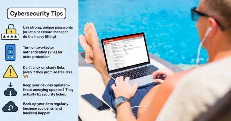 Infographic showing five key cybersecurity tips: use strong passwords, enable two-factor authentication, avoid suspicious links, keep devices updated, and back up data regularly.