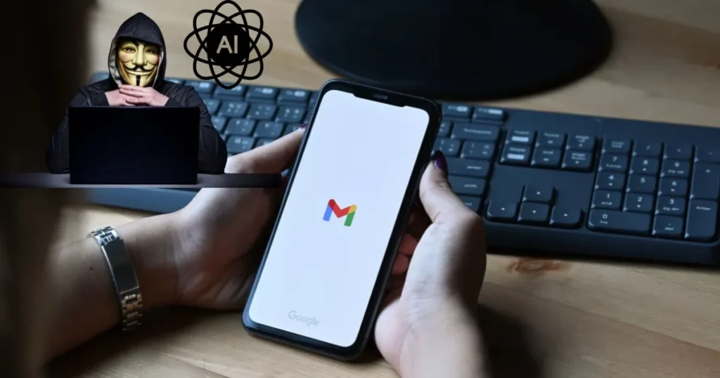 AI-powered phishing attacks targeting inbox with robotic hand and email security alerts