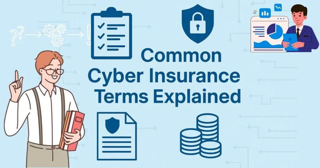 Common Cyber Insurance Terms Explained visually through icons representing security, documentation, financial protection, and policy coverage