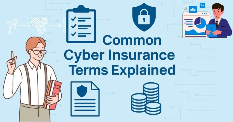Common Cyber Insurance Terms Explained visually through icons representing security, documentation, financial protection, and policy coverage