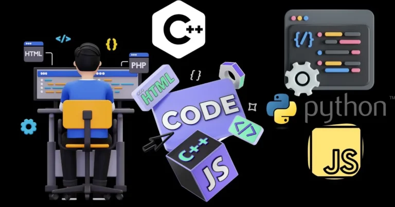 Illustration of a programmer coding in C++, Python, JavaScript, HTML, and PHP for cybersecurity Languages in 2025