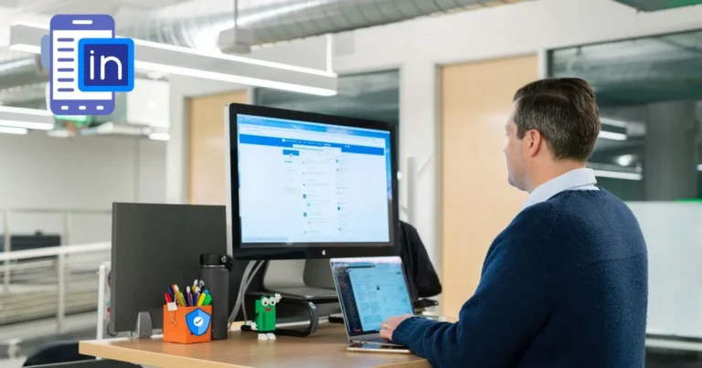 Professional using LinkedIn at work with cybersecurity tools visible , LinkedIn Security awareness in the workplace.