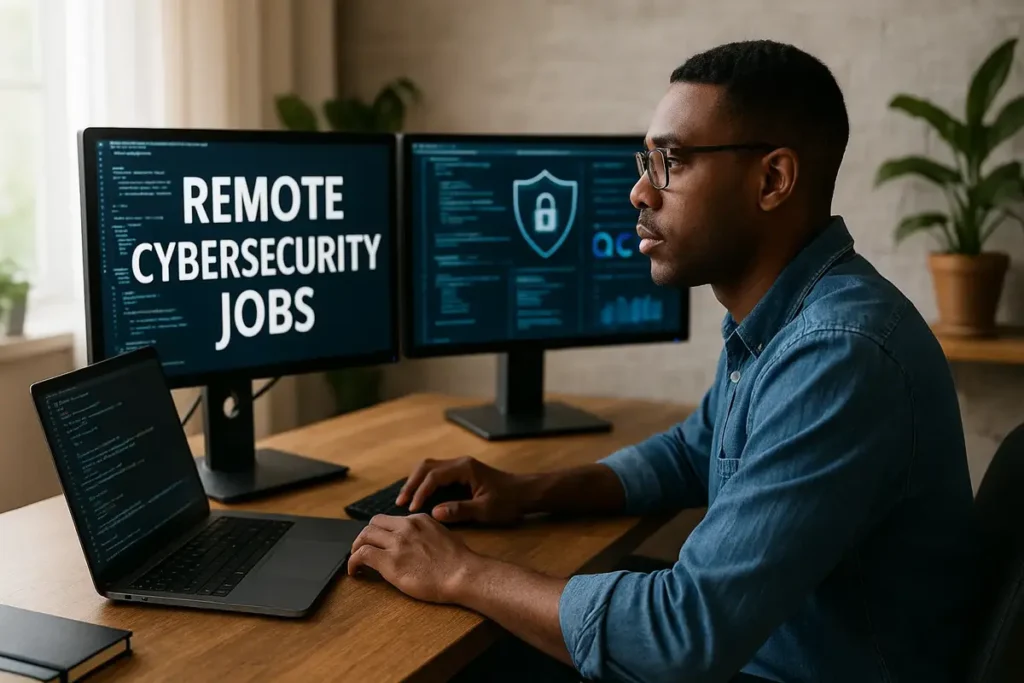 Remote cybersecurity jobs professional working from home on a laptop in a modern home office environment.