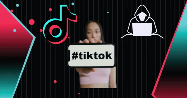 Young woman pointing at TikTok logo with hacker silhouette next to her, highlighting TikTok Security risks in 2025