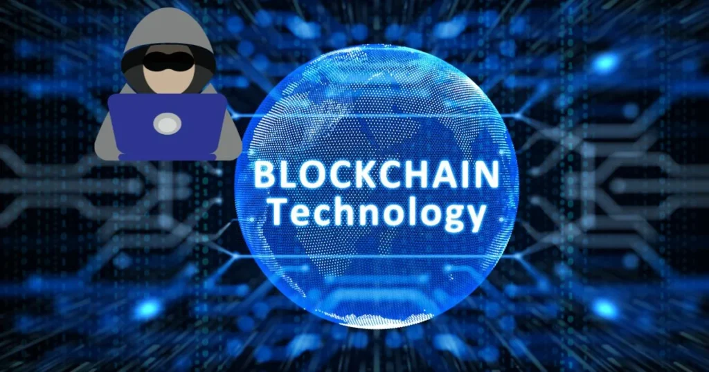Hacker icon overlay on a digital sphere labeled "BLOCKCHAIN Technology", representing Blockchain Security against cybercrime threats.