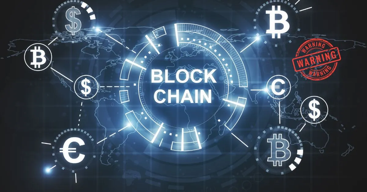 Digital interface with global currency symbols and warning signs surrounding the term "BLOCK CHAIN", illustrating Blockchain Security risks and protection.