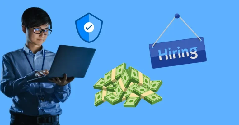 Young professional working on a laptop representing Cybersecurity Analyst Jobs with icons of security, money, and hiring.