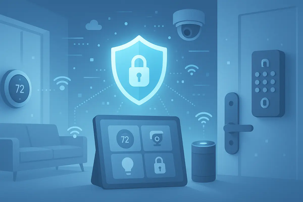 Cybersecurity and IoT setup protecting smart home devices in 2025