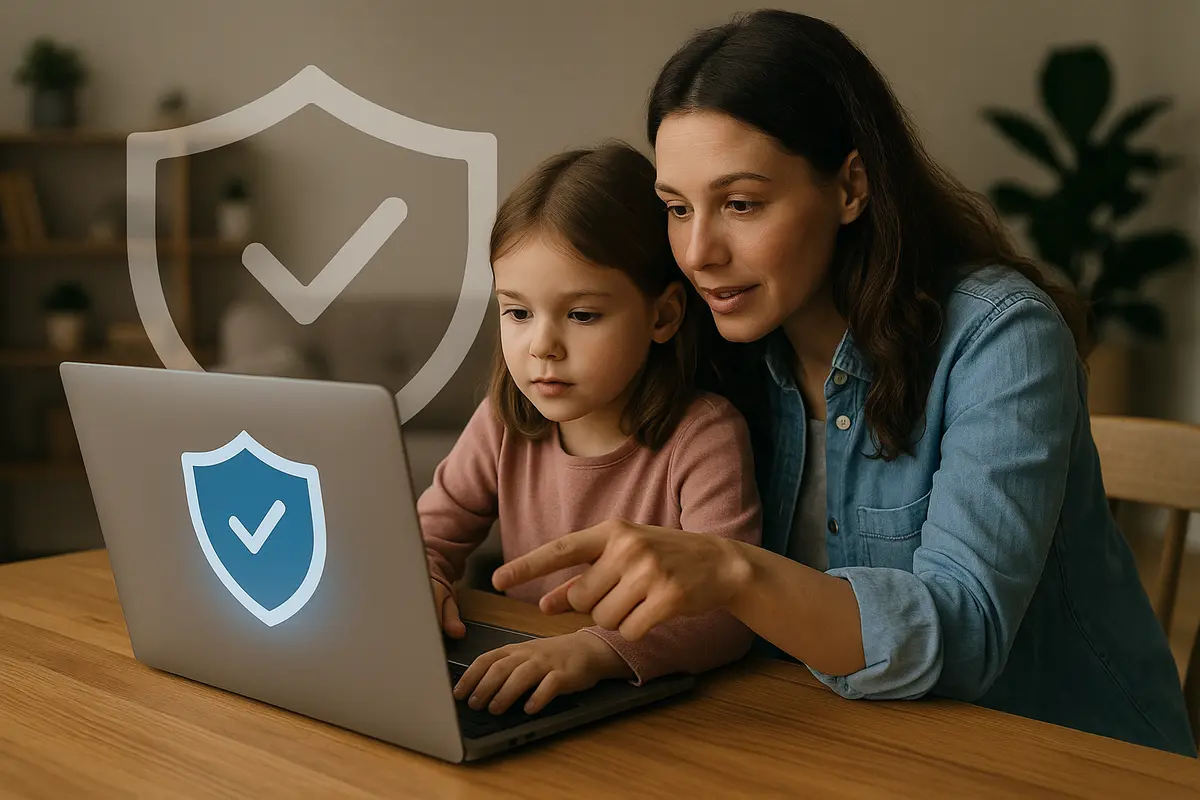 Cybersecurity for Moms — a mother teaching her child about online safety, emphasizing cybersecurity awareness for families.