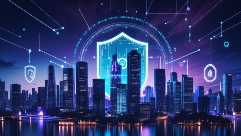 Futuristic city skyline at night with digital shields and holographic icons representing the future of cybersecurity