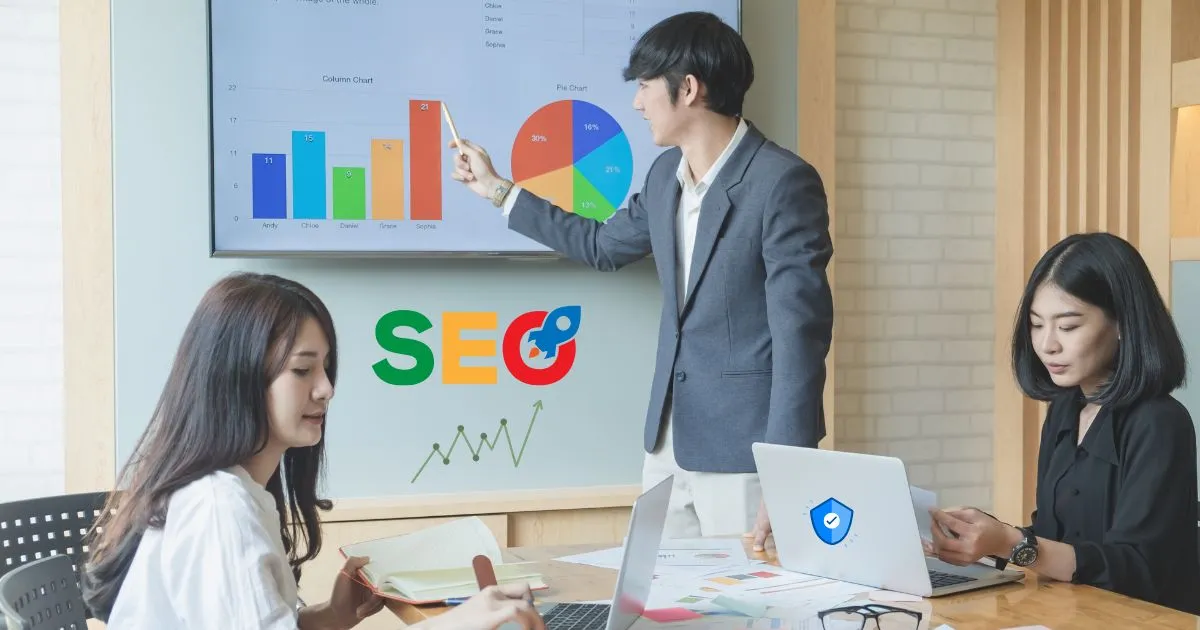 Team meeting analyzing SEO data with a focus on Secure Website SEO strategy