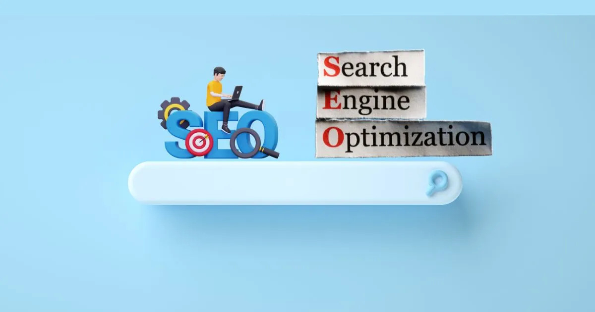 Secure website SEO visual with search bar and optimization icons