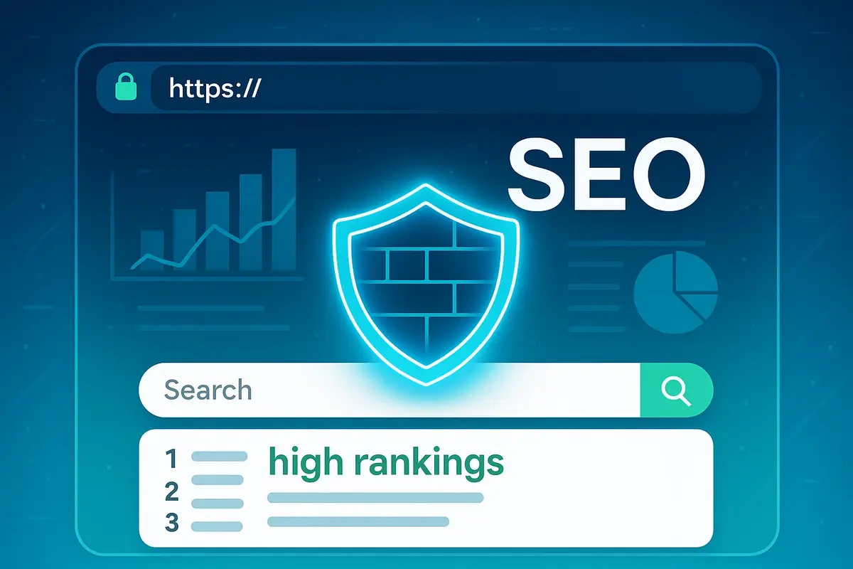 secure website SEO illustration showing HTTPS protection and high search engine rankings