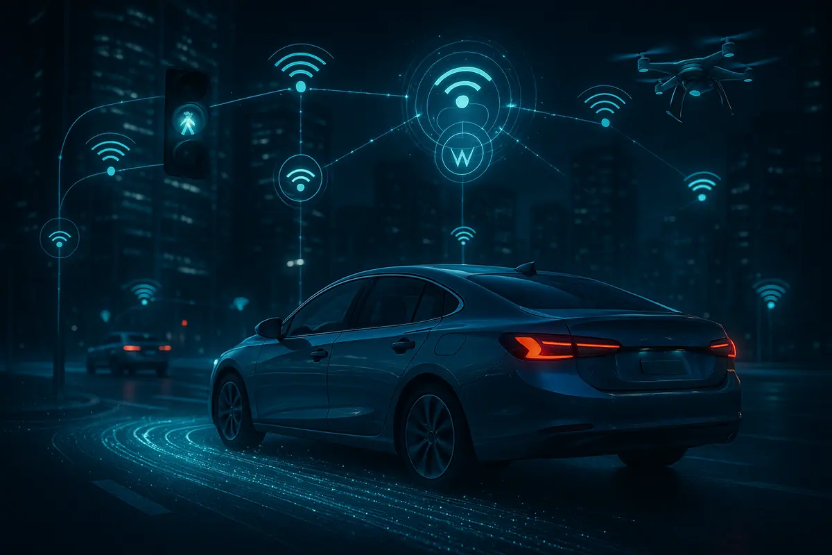 Smart car using the Internet of Vehicles in a connected city with data signals and futuristic tech