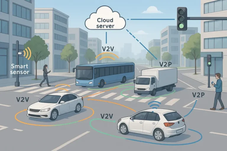Vehicle-to-Vehicle Communication in a smart city with V2V, V2I, V2P, V2C, and V2S signals