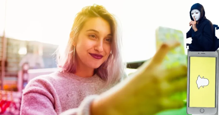 Snapchat Security – Young woman taking a selfie while a masked hacker lurks in the background, representing privacy threats on Snapchat