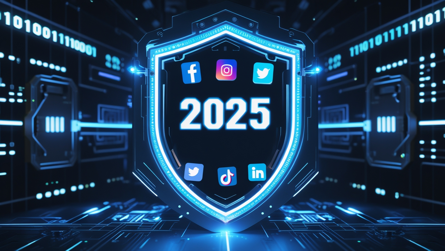 Futuristic digital shield protecting social media platforms in a cyber environment, symbolizing Social Media Security 2025