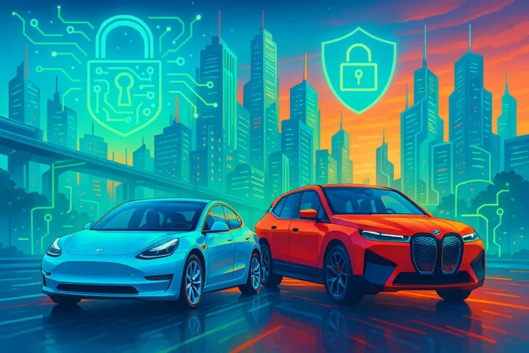 Tesla and BMW security illustrated with cyber protection symbols in a glowing smart city background, showing a Model 3 and BMW iX at night.