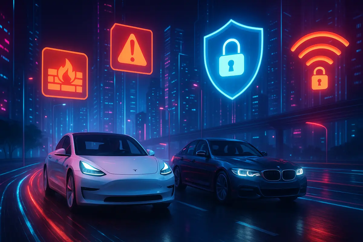 Smart car cybersecurity dashboard with protection icons and digital overlay