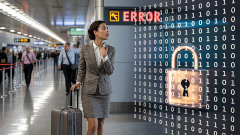 Realistic illustration of an airport cyberattack, with ERROR screens in red and worried passengers waiting with their luggage.