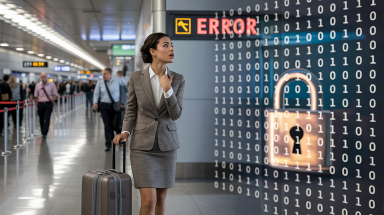 Realistic illustration of an airport cyberattack, with ERROR screens in red and worried passengers waiting with their luggage.